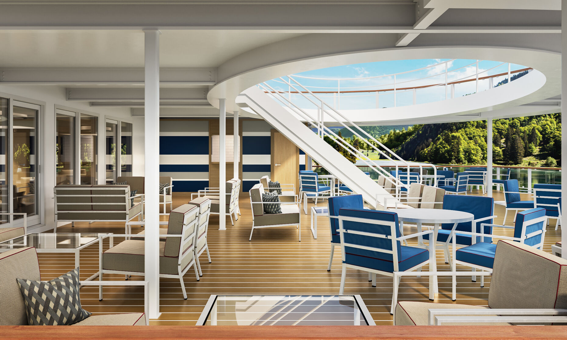 American Cruise Lines' modern riverboat interiors - outside aft lounge
